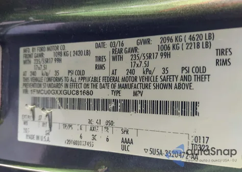 2016 Ford Escape Se z USA, uszkodzony, nr VIN 1FMCU0GXXGUC81680